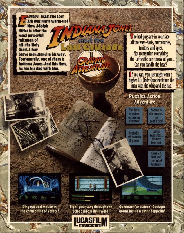 Back Cover for Indiana Jones and the Last Crusade: The Graphic Adventure (DOS) (5 1/4" Floppy Disk Version)