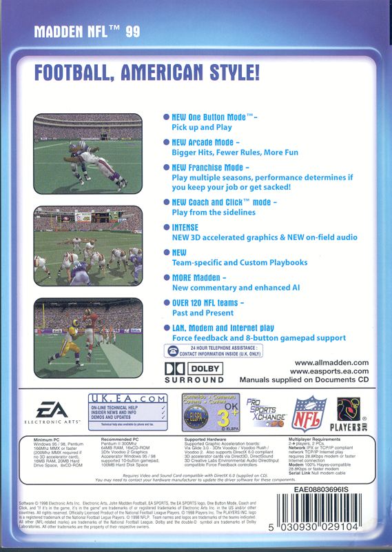 Back Cover for Madden NFL 99 (Windows) (Collector release)