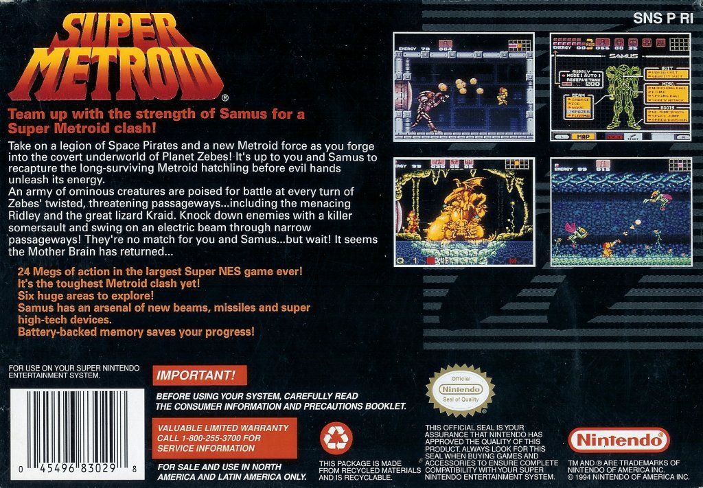 Back Cover for Super Metroid (SNES) (Alternate package)