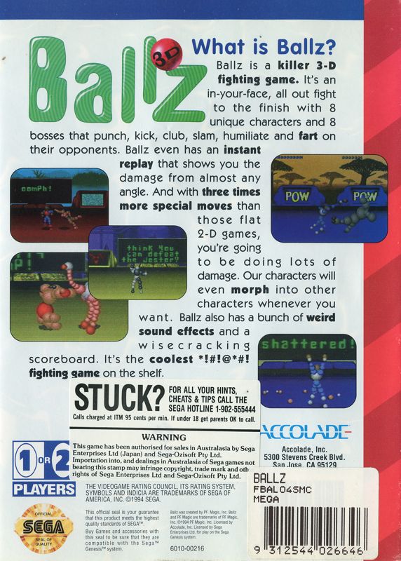 Back Cover for Ballz 3D: Fighting at its Ballziest (Genesis)