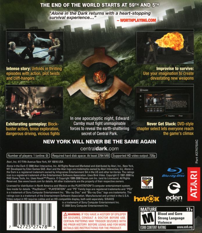 Back Cover for Alone in the Dark: Inferno (PlayStation 3)