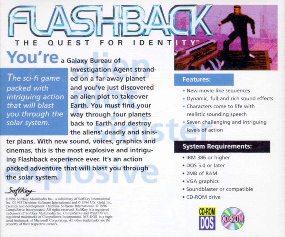 Back Cover for Flashback: The Quest for Identity (DOS) (Softkey CD-ROM budget release)