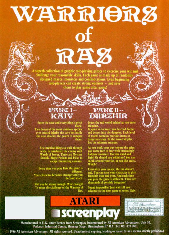 Back Cover for Warriors of Ras (Atari 8-bit) (Plastic Folder. 5.25inch Floppy Disk release.)