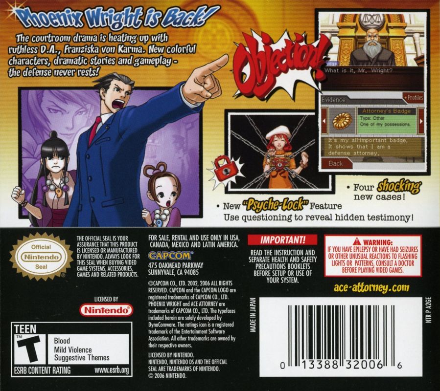 Back Cover for Phoenix Wright: Ace Attorney - Justice for All (Nintendo DS)