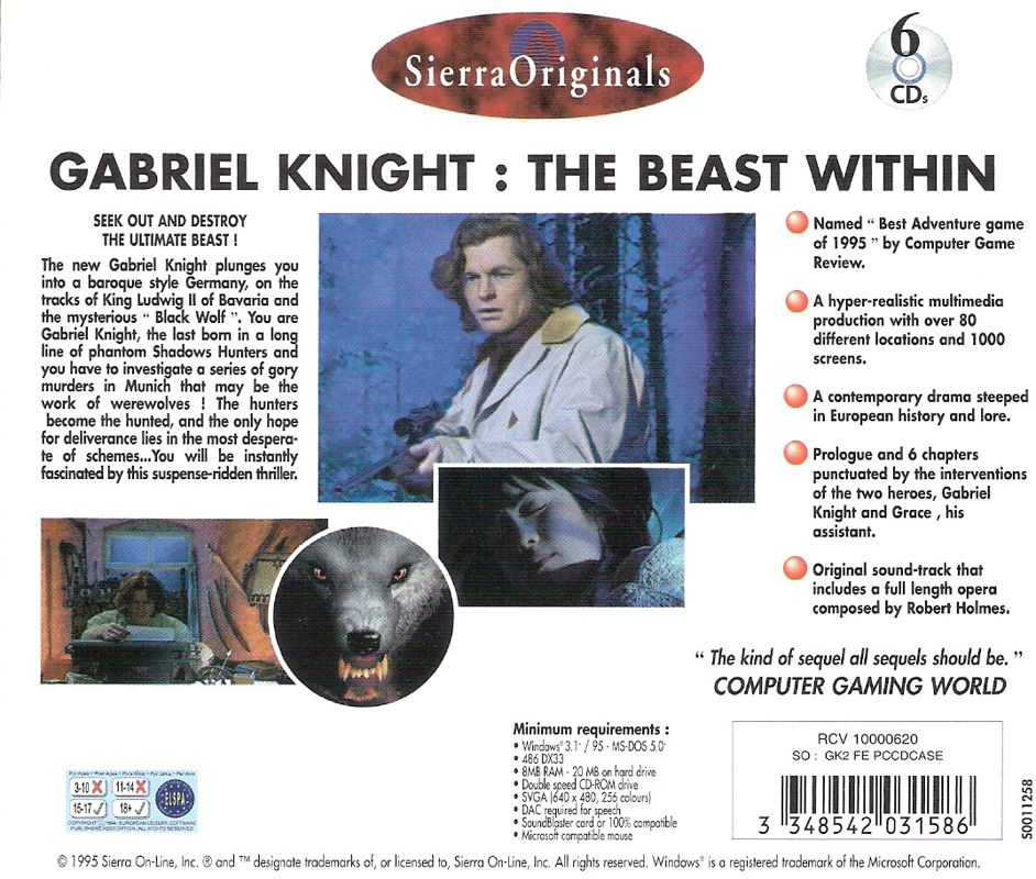 Other for The Beast Within: A Gabriel Knight Mystery (DOS and Windows and Windows 3.x) (SierraOriginals release): Jewel Case - Back