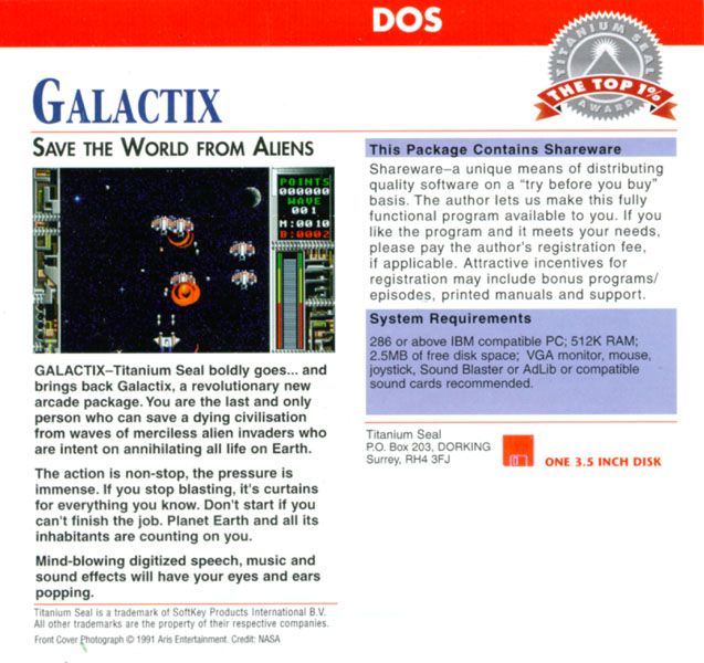Back Cover for Galactix (DOS) (Shareware release.)