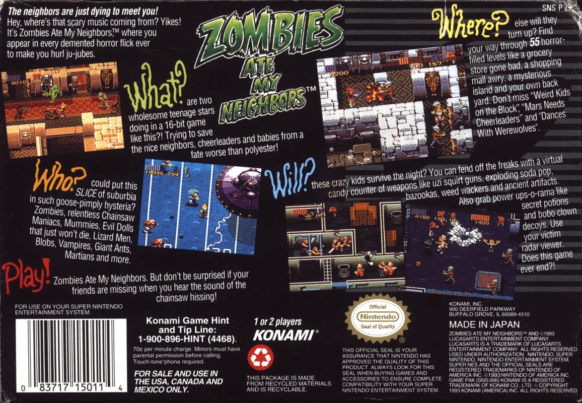 Back Cover for Zombies Ate My Neighbors (SNES)