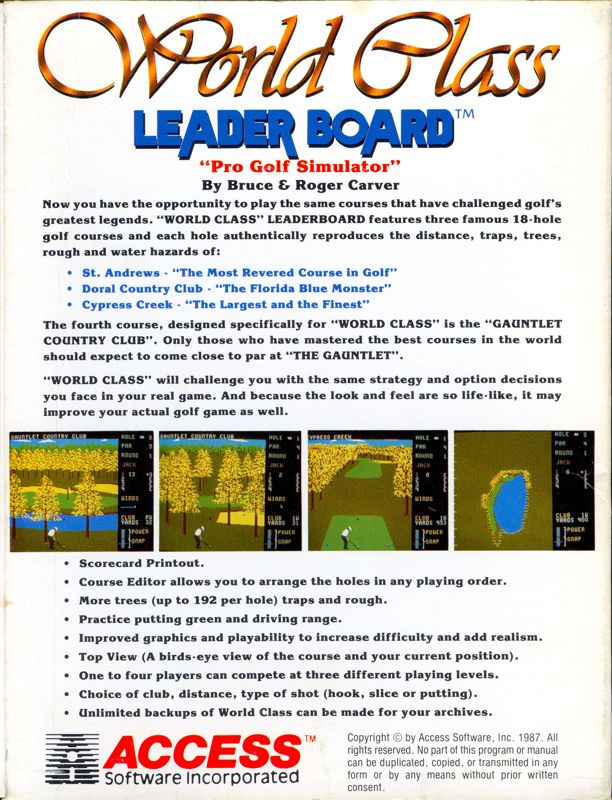 Back Cover for World Class Leader Board (Commodore 64)
