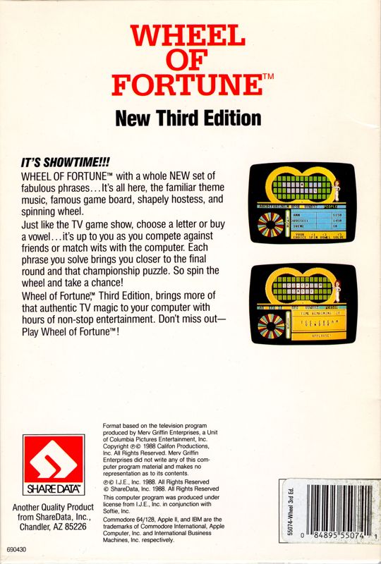Back Cover for Wheel of Fortune: New 3rd Edition (Commodore 64 and DOS)