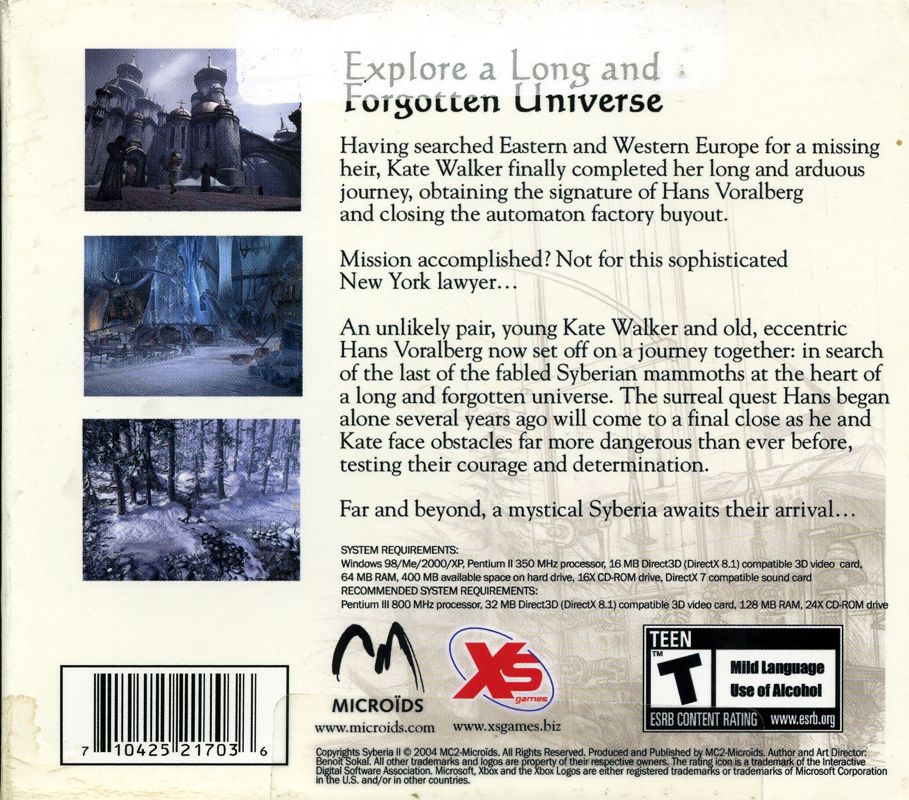 Back Cover for Syberia II (Windows) (Budget release)