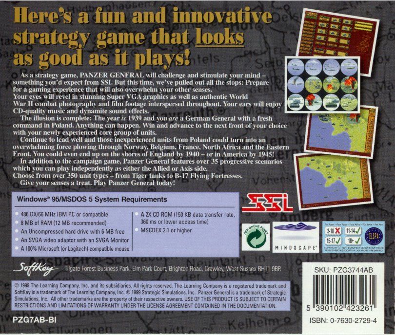 Back Cover for Panzer General (Windows) (SoftKey release)