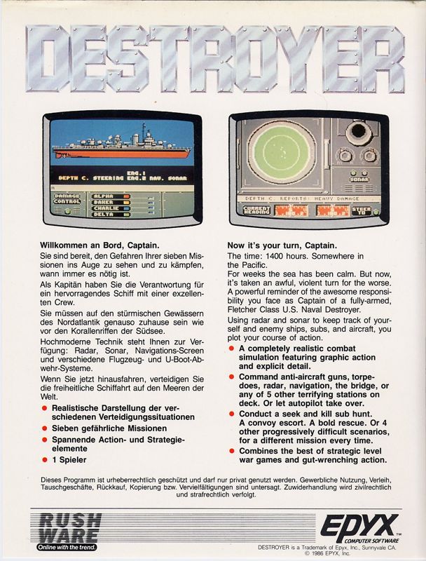 Back Cover for Destroyer (Commodore 64)