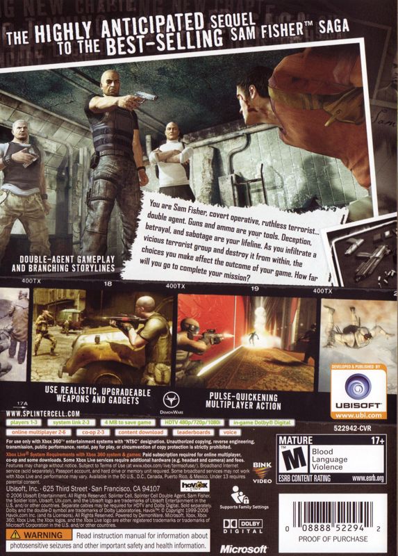 Back Cover for Tom Clancy's Splinter Cell: Double Agent (Xbox 360)