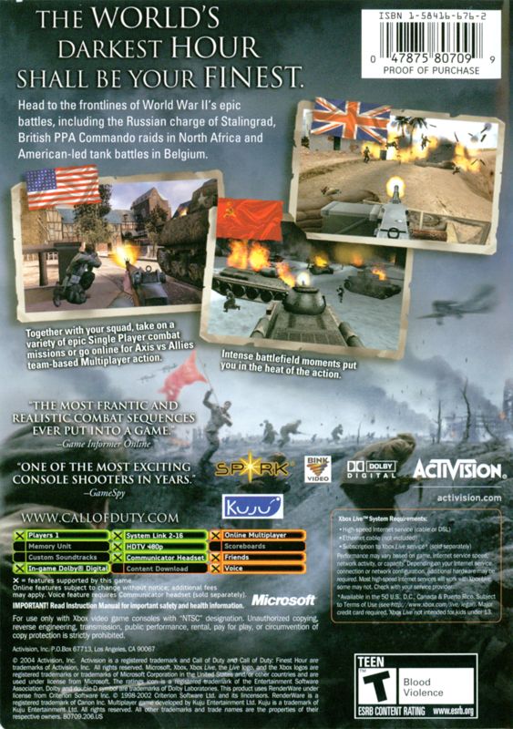 Back Cover for Call of Duty: Finest Hour (Xbox)