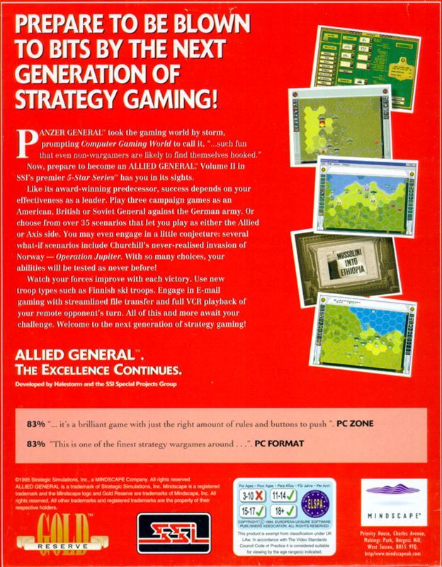 Back Cover for Allied General (Windows and Windows 3.x) (Mindscape Gold Reserve release)