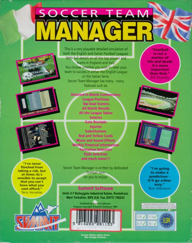 Back Cover for Soccer Team Manager (DOS)