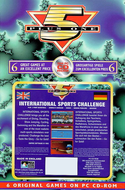 Back Cover for International Sports Challenge (DOS) (1997 "5 plus 1" budget 'picture disc' CD-ROM release. Original game plus five shareware titles): with open window