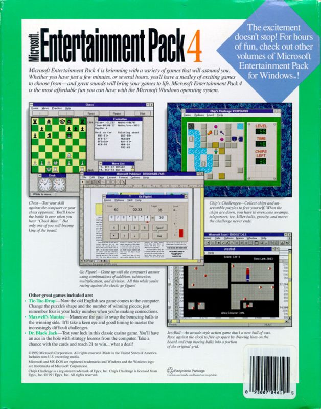Back Cover for Microsoft Entertainment Pack 4 (Windows 3.x)