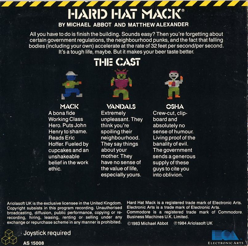 Back Cover for Hard Hat Mack (Commodore 64) (disk release)