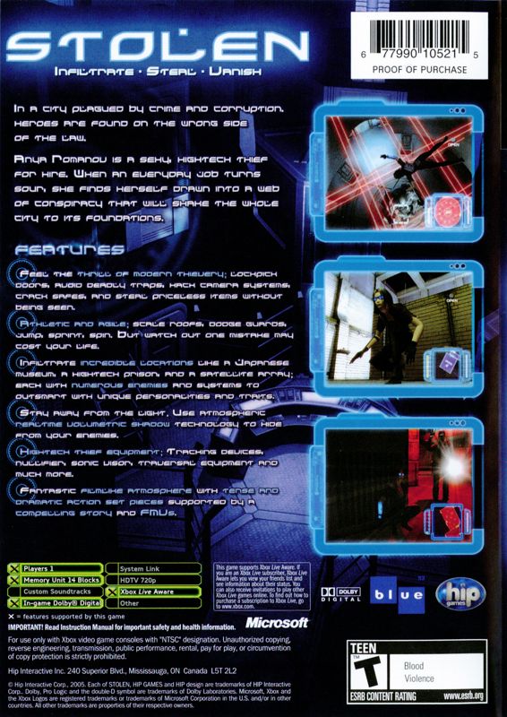 Back Cover for Stolen (Xbox)