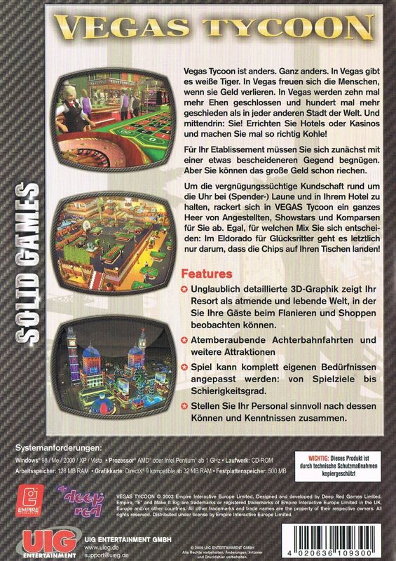 Back Cover for Vegas Tycoon (Windows) (Solid Games release)