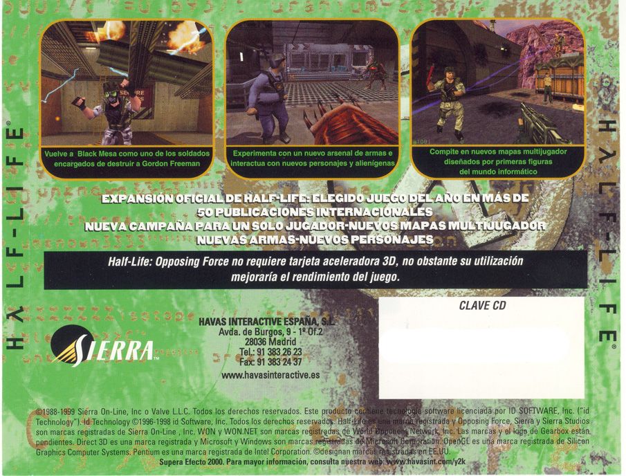 Other for Half-Life: Opposing Force (Windows): Jewel Case - Back