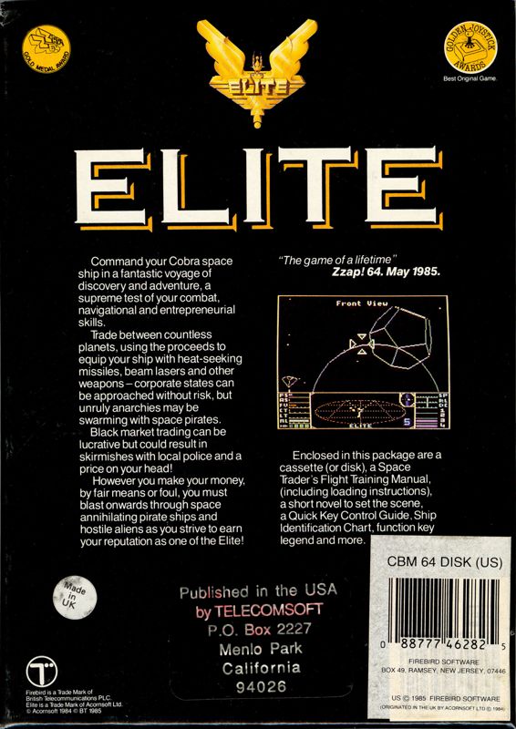Back Cover for Elite (Commodore 64)