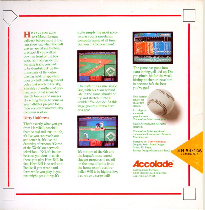 Back Cover for HardBall! (Commodore 64)