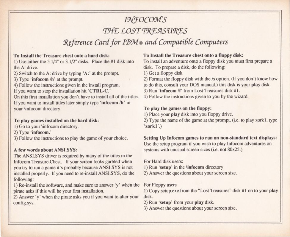 Reference Card for The Lost Treasures of Infocom (DOS) (3.5" Floppy IBM PC, XT, AT, PS/2, Tandy release)