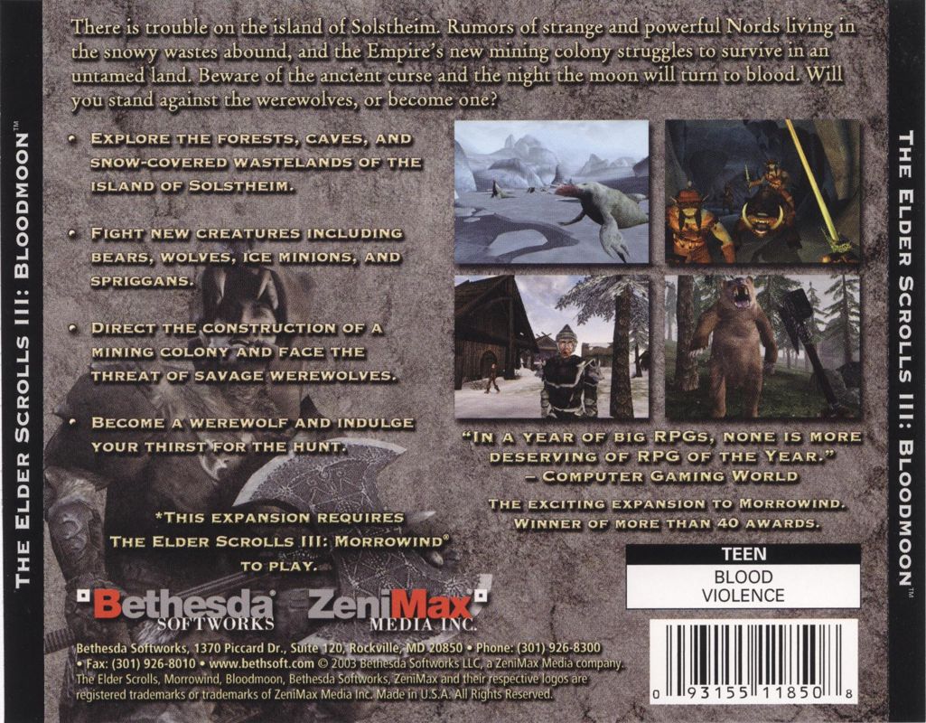 Other for The Elder Scrolls III: Bloodmoon (Windows): Jewel Case - Back