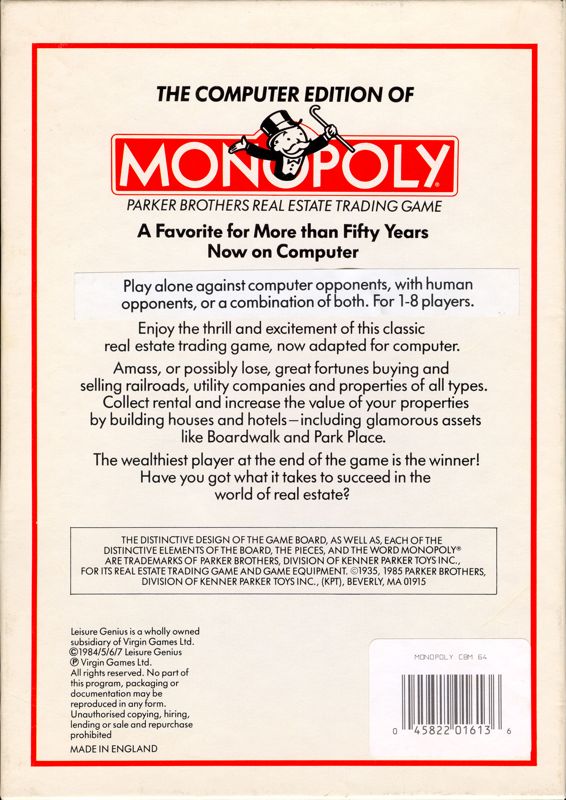 Back Cover for Monopoly (Commodore 64)