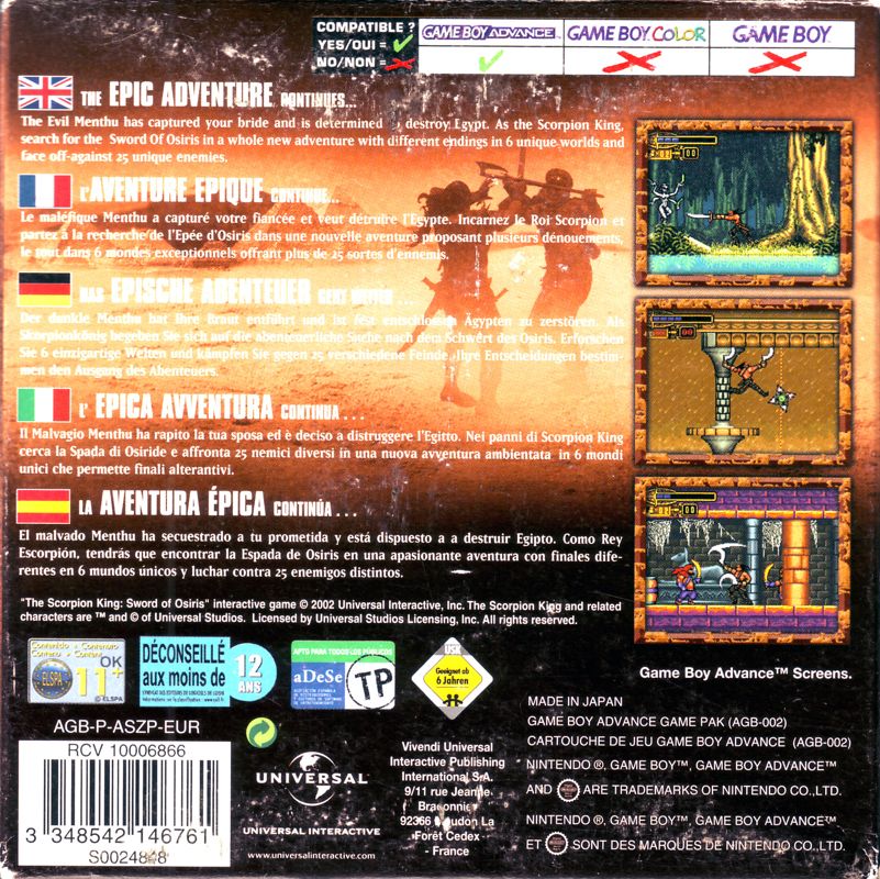 Back Cover for The Scorpion King: Sword of Osiris (Game Boy Advance)