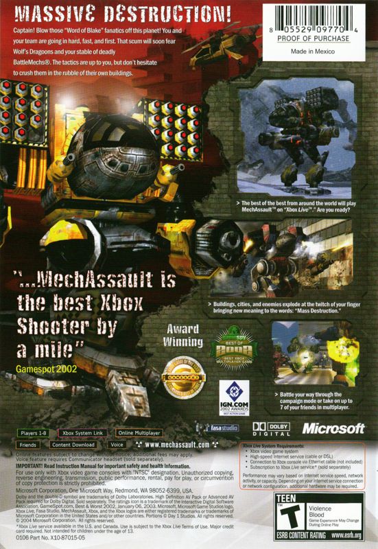 Back Cover for MechAssault (Xbox) (Platinum Hits release)