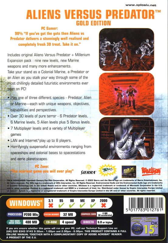 Back Cover for Aliens Versus Predator: Gold Edition (Windows) (Xplosiv release with Sheep included)
