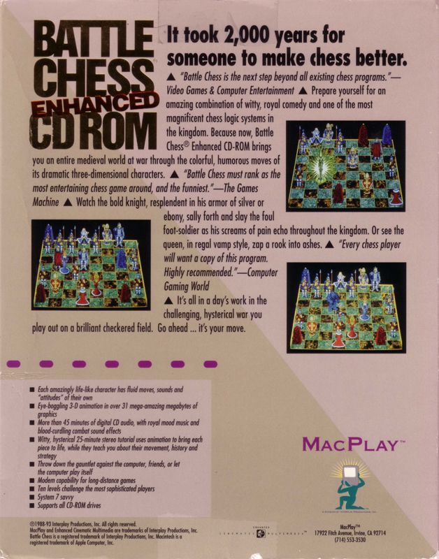 Back Cover for Battle Chess: Enhanced CD-ROM (Macintosh)