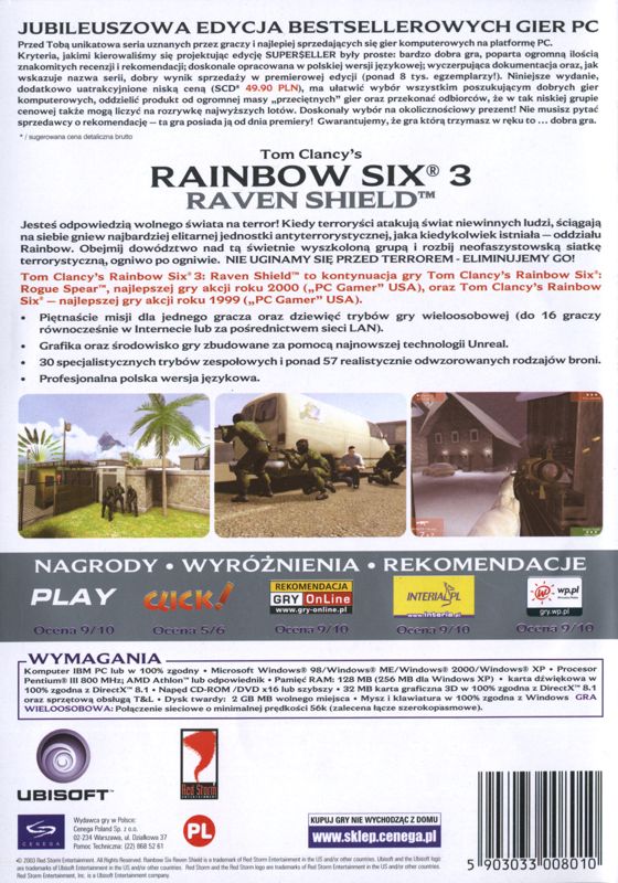 Back Cover for Tom Clancy's Rainbow Six 3: Raven Shield (Windows) (Super$eller release)