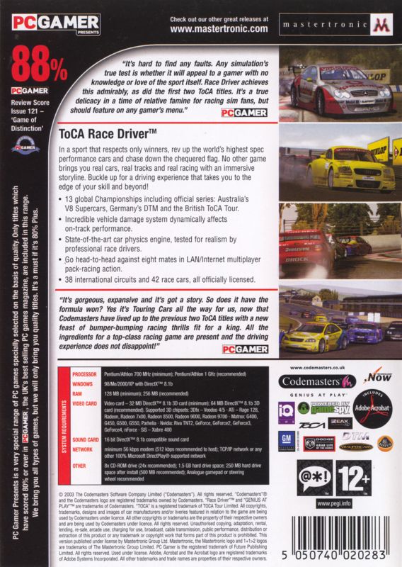 Back Cover for Pro Race Driver (Windows) (PC Gamer Presents release)