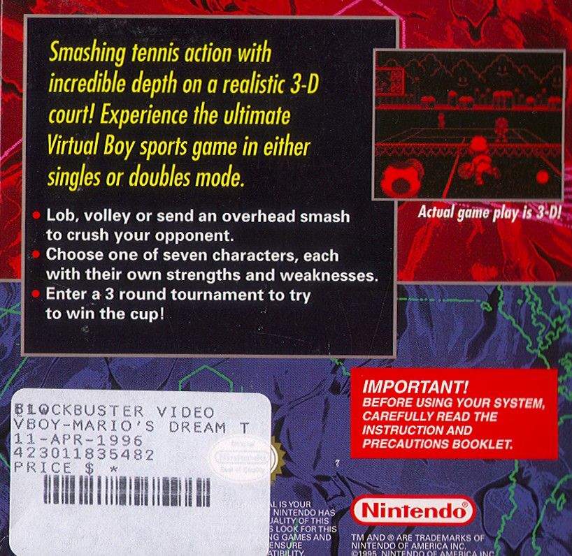 Back Cover for Mario's Tennis (Virtual Boy)