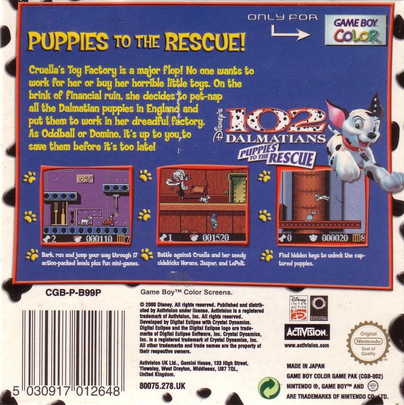 Back Cover for Disney's 102 Dalmatians: Puppies to the Rescue (Game Boy Color)