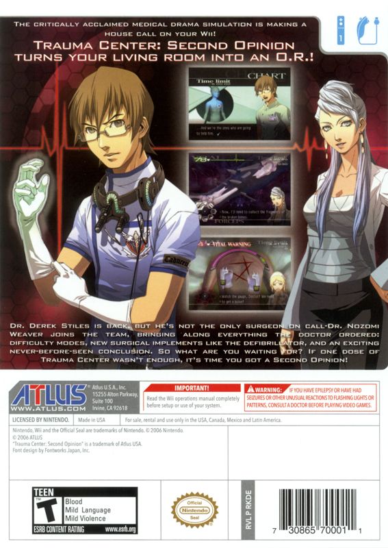 Back Cover for Trauma Center: Second Opinion (Wii)