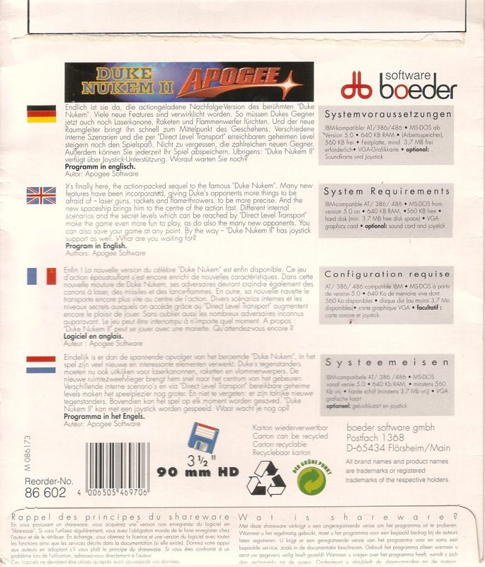 Back Cover for Duke Nukem II (DOS) (Shareware-Version)