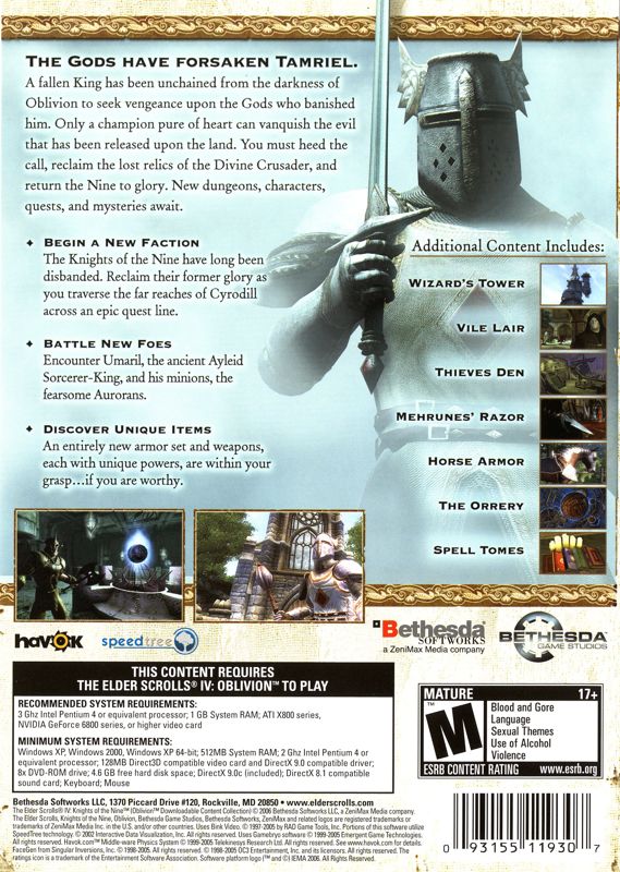 Back Cover for The Elder Scrolls IV: Knights of the Nine (Windows)