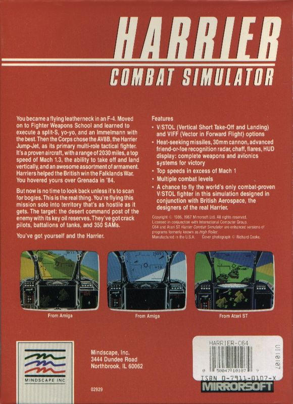 Back Cover for Harrier Combat Simulator (Commodore 64)