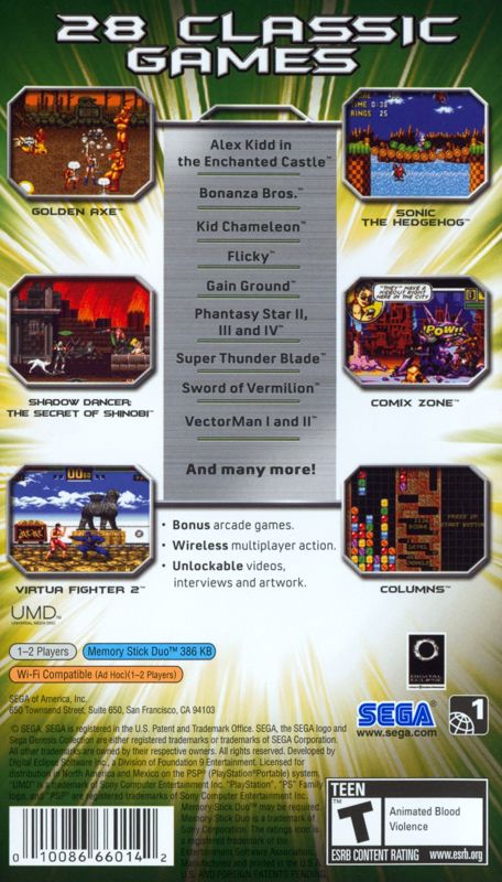 Back Cover for Sega Genesis Collection (PSP)
