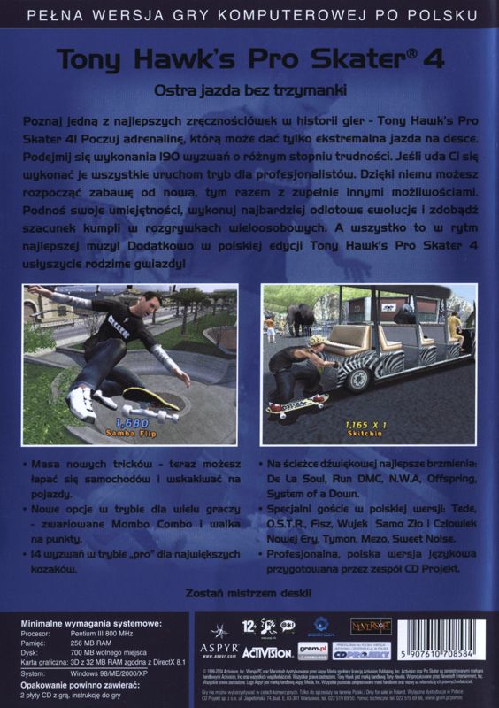 Back Cover for Tony Hawk's Pro Skater 4 (Windows) (nowa eXtra Klasyka release)