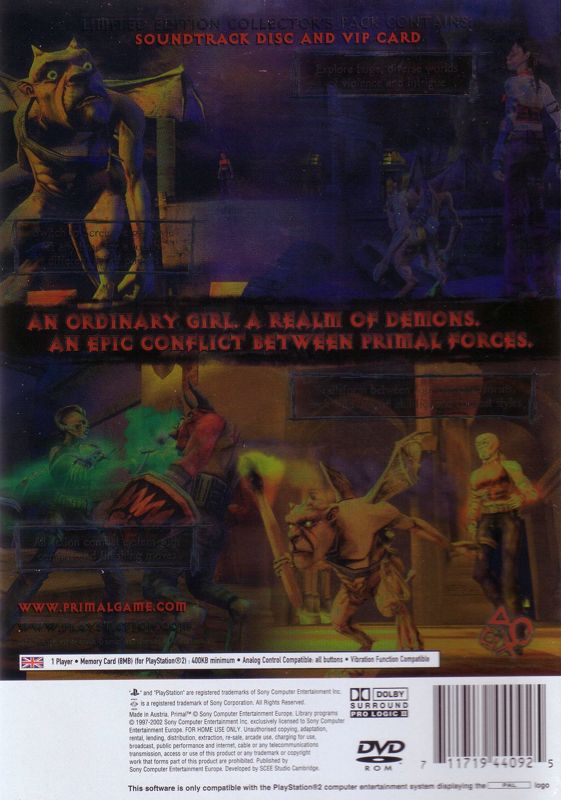 Back Cover for Primal (Collector's Edition) (PlayStation 2)