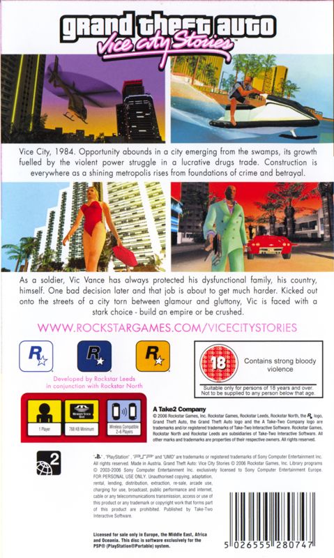 Back Cover for Grand Theft Auto: Vice City Stories (PSP)