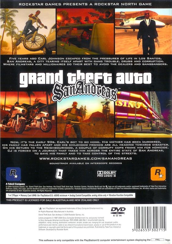 Back Cover for Grand Theft Auto: San Andreas (PlayStation 2)