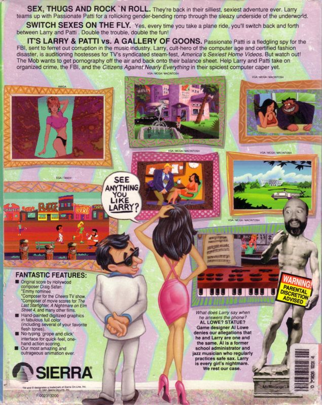 Back Cover for Leisure Suit Larry 5: Passionate Patti Does a Little Undercover Work (Macintosh) (Slipcover box.)