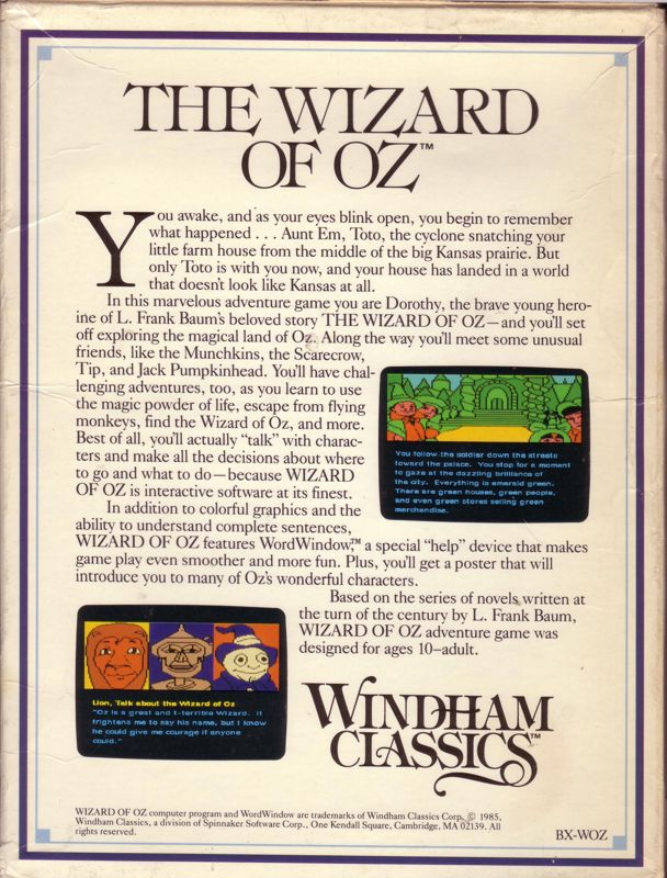 Back Cover for The Wizard of Oz (Commodore 64)